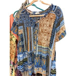 Chloe + Rene Womens Boho Patchwork Paisley Print Tie Neck Blouse Blue Large